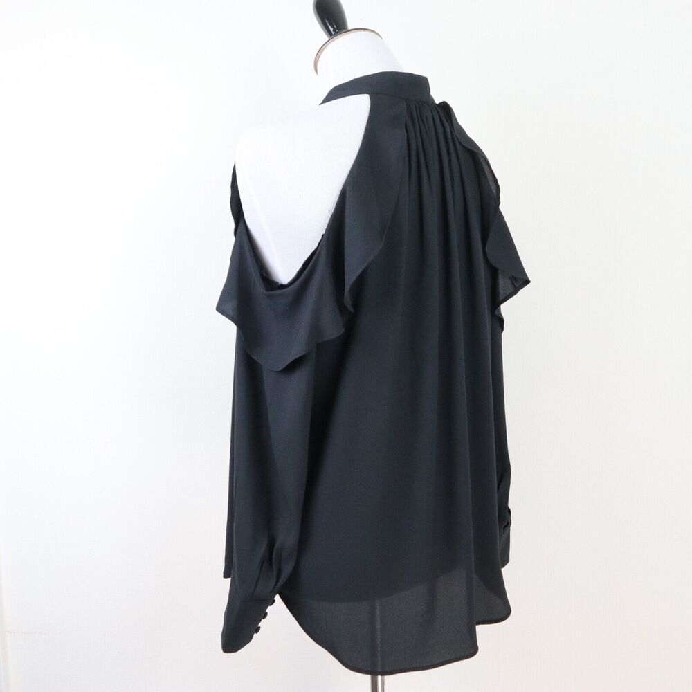 Ann Taylor Size S Cold Shoulder Ruffle Blouse Split Tie V Neck Black - Picture 4 of 11